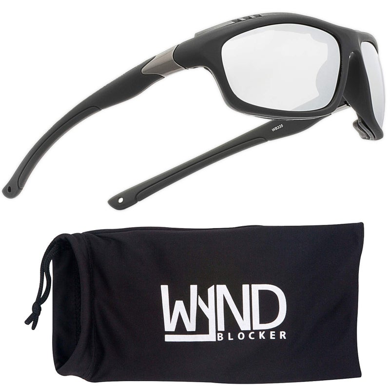WYND Blocker نظارات شمسية WYND Blocker Airdam لركوب الدراجات النارية، القيادة، الصيد، الإبحار (أسود غير لامع، مرآة فضية) - Image 1
